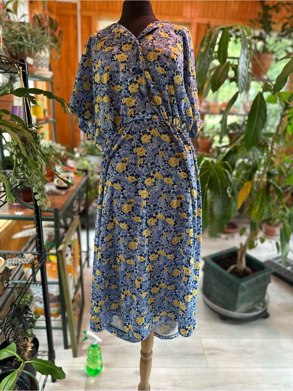 Vintage Haband Blue Floral Midi Dress with Yellow Rose Print